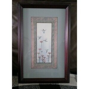 Humming Birds Flying Above Flowers Watercolor Art Print in Wood Frame 14"